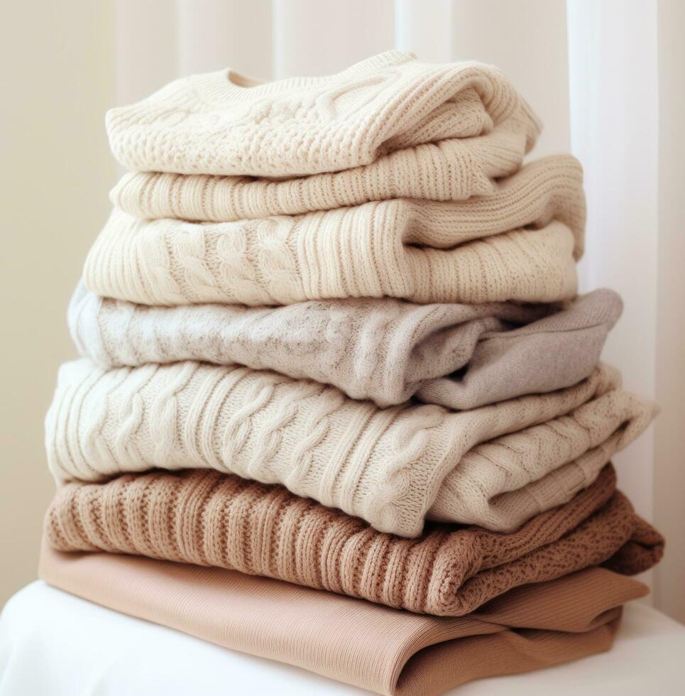 AI generated knitted sweaters in white, grey and beige, photo