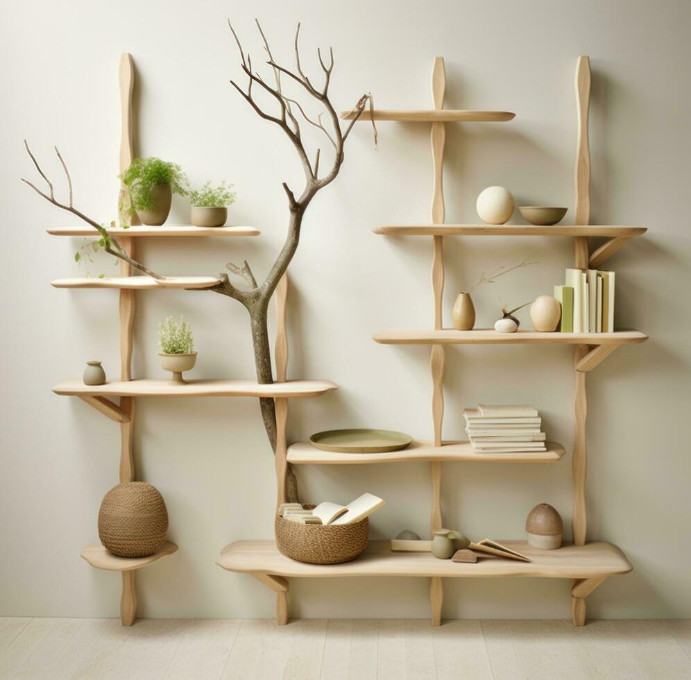 AI generated light wooden shelves photo