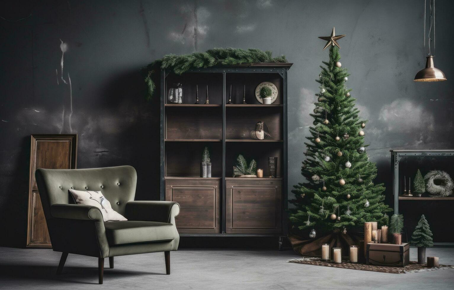 AI generated the christmas decor of a room with green christmas tree and wooden furniture, photo