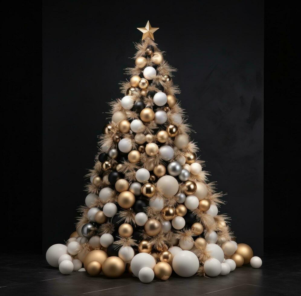 AI generated many ornaments adorn a large christmas tree, photo