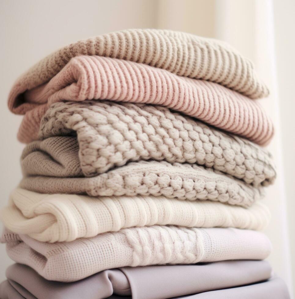 AI generated knitted sweaters in white, grey and beige, photo