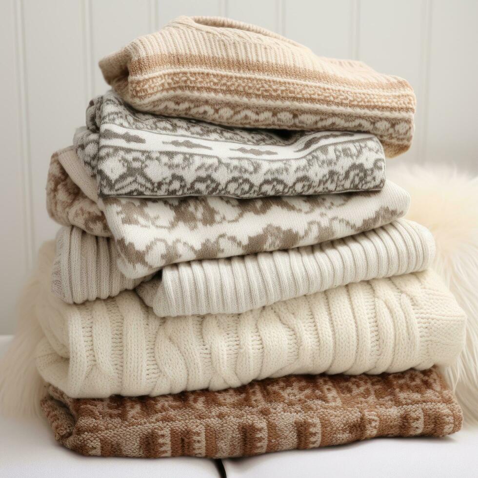 AI generated knitted sweaters in white, grey and beige, photo