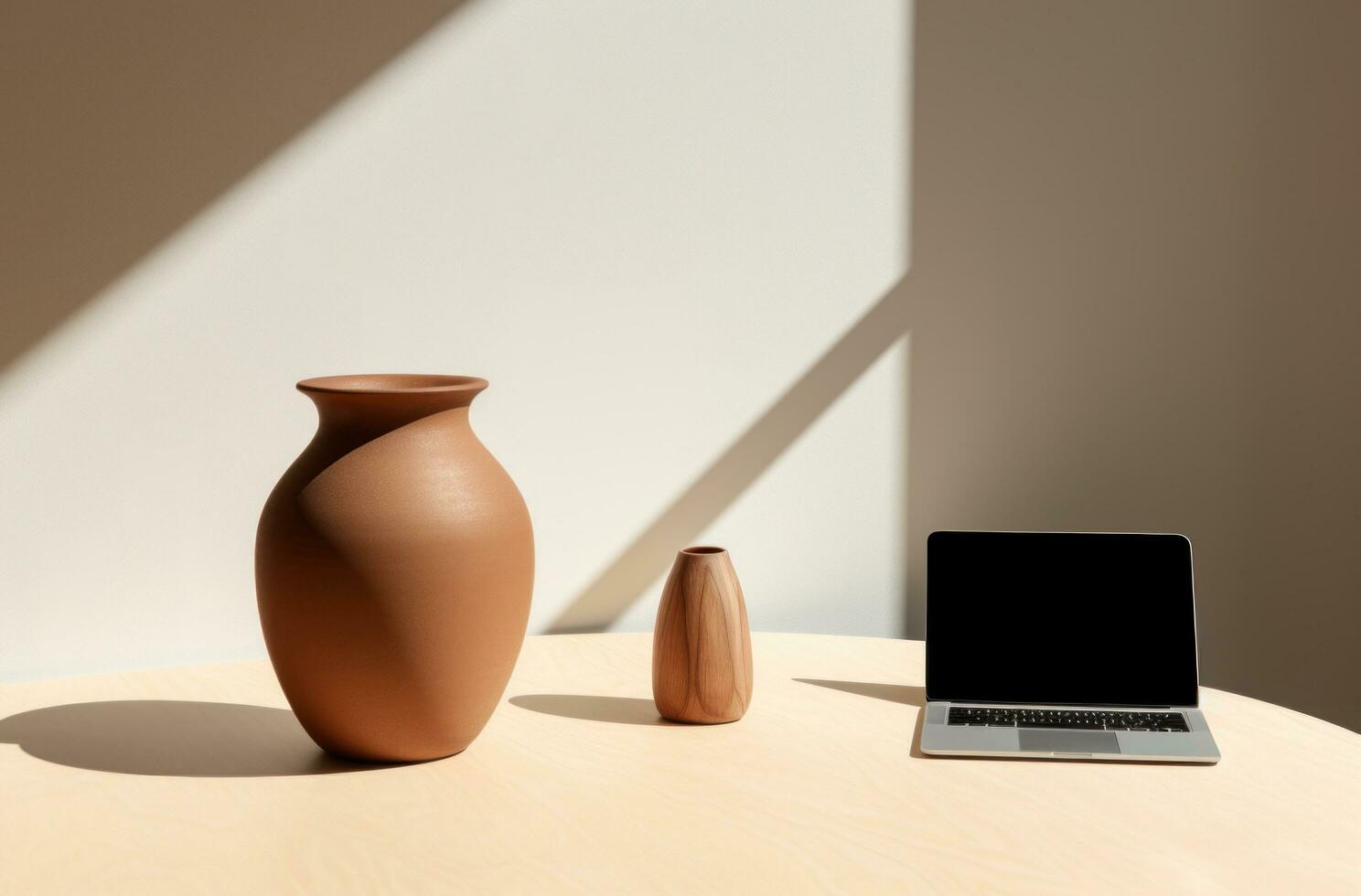 AI generated small vase and a desk with shadow, photo