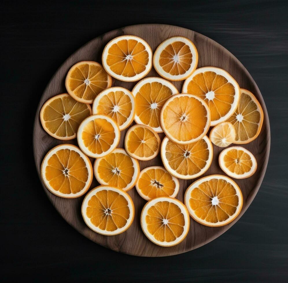 AI generated cut up pieces of orange on a black mat, back button focus, light yellow and white, focus stacking. photo