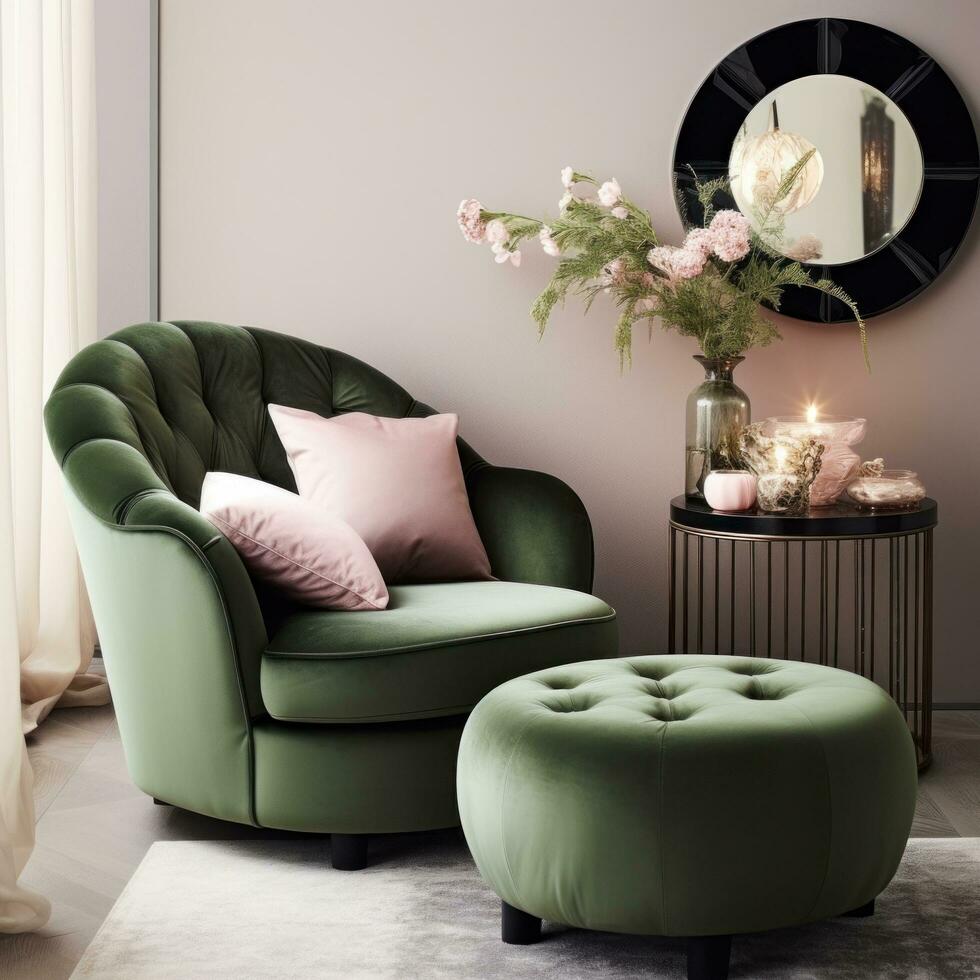 AI generated green velvet armchair with a pink pillow and ottoman, photo