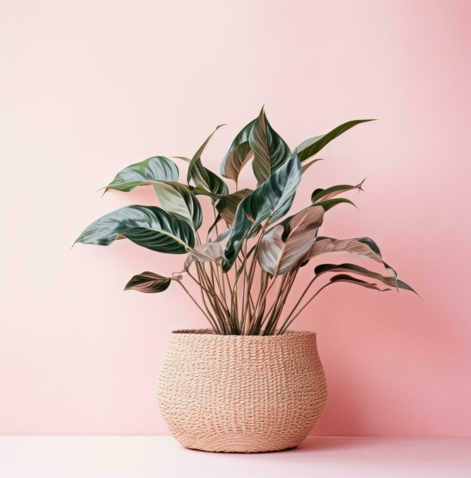 AI generated woven basket with plant on top of a pink pink photo