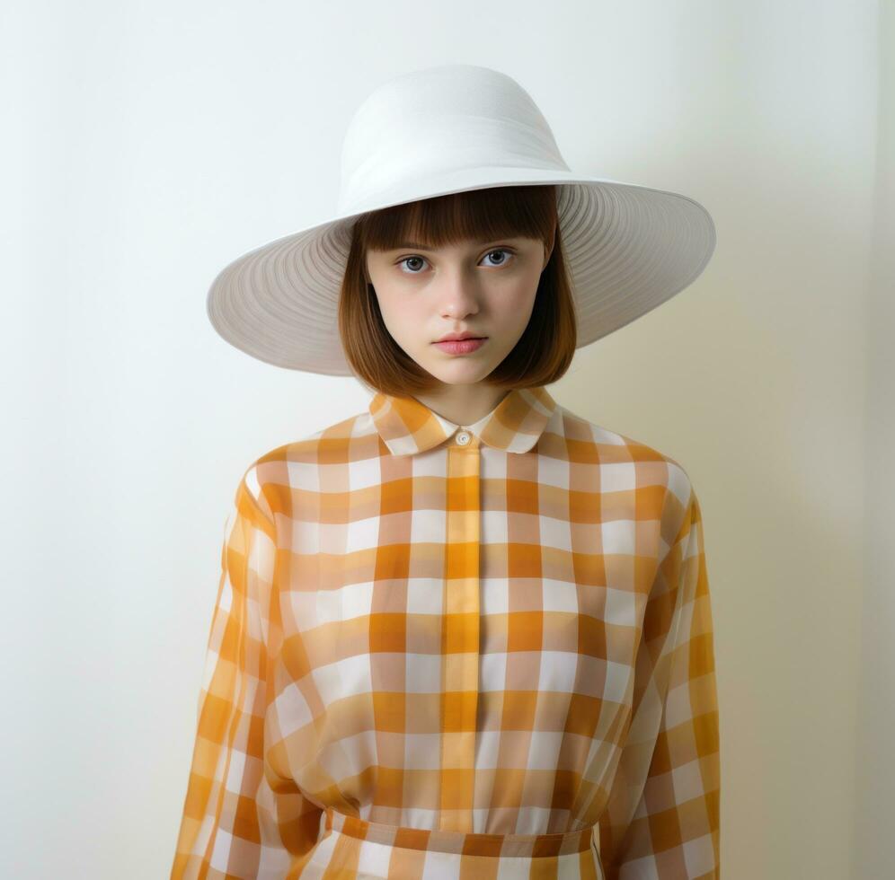 AI generated girl wearing tunic hat and plaid skirt in studio setting photo