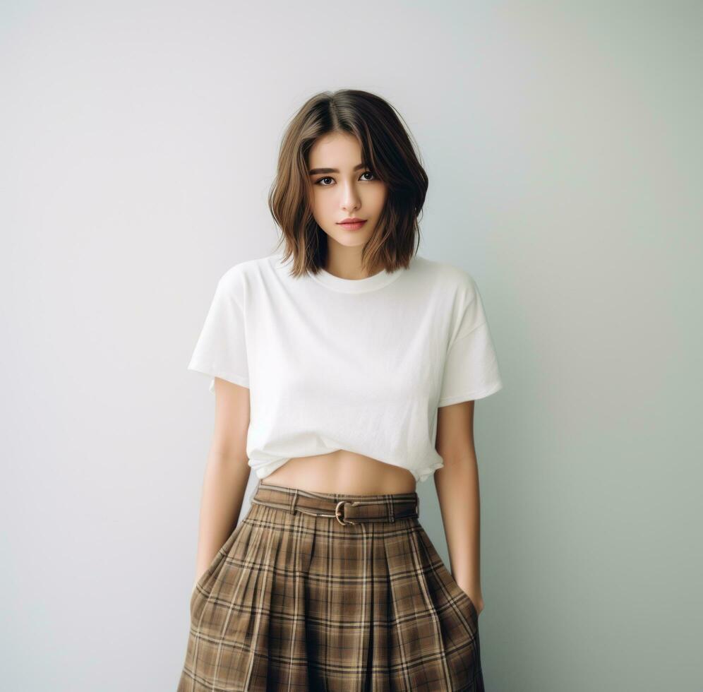 AI generated woman wearing white top and tanned plaid skirt photo