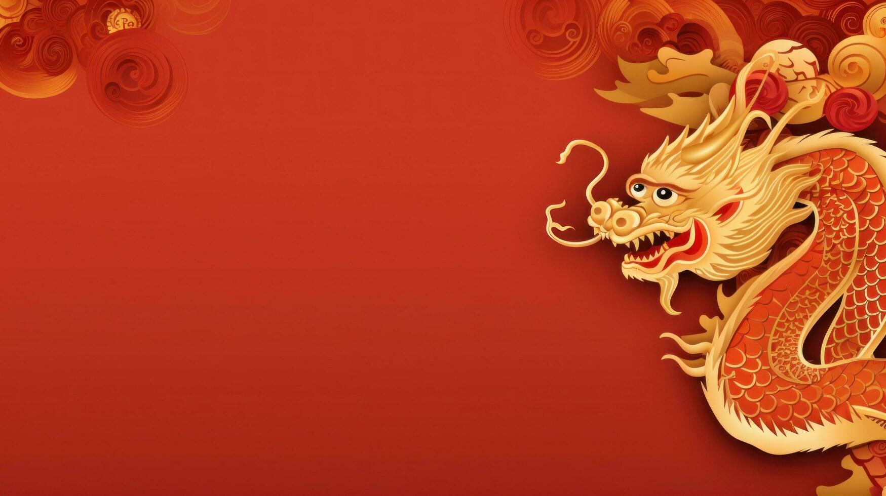 AI generated Chinese holiday background with dragon, dark red and gold, large copyspace area photo