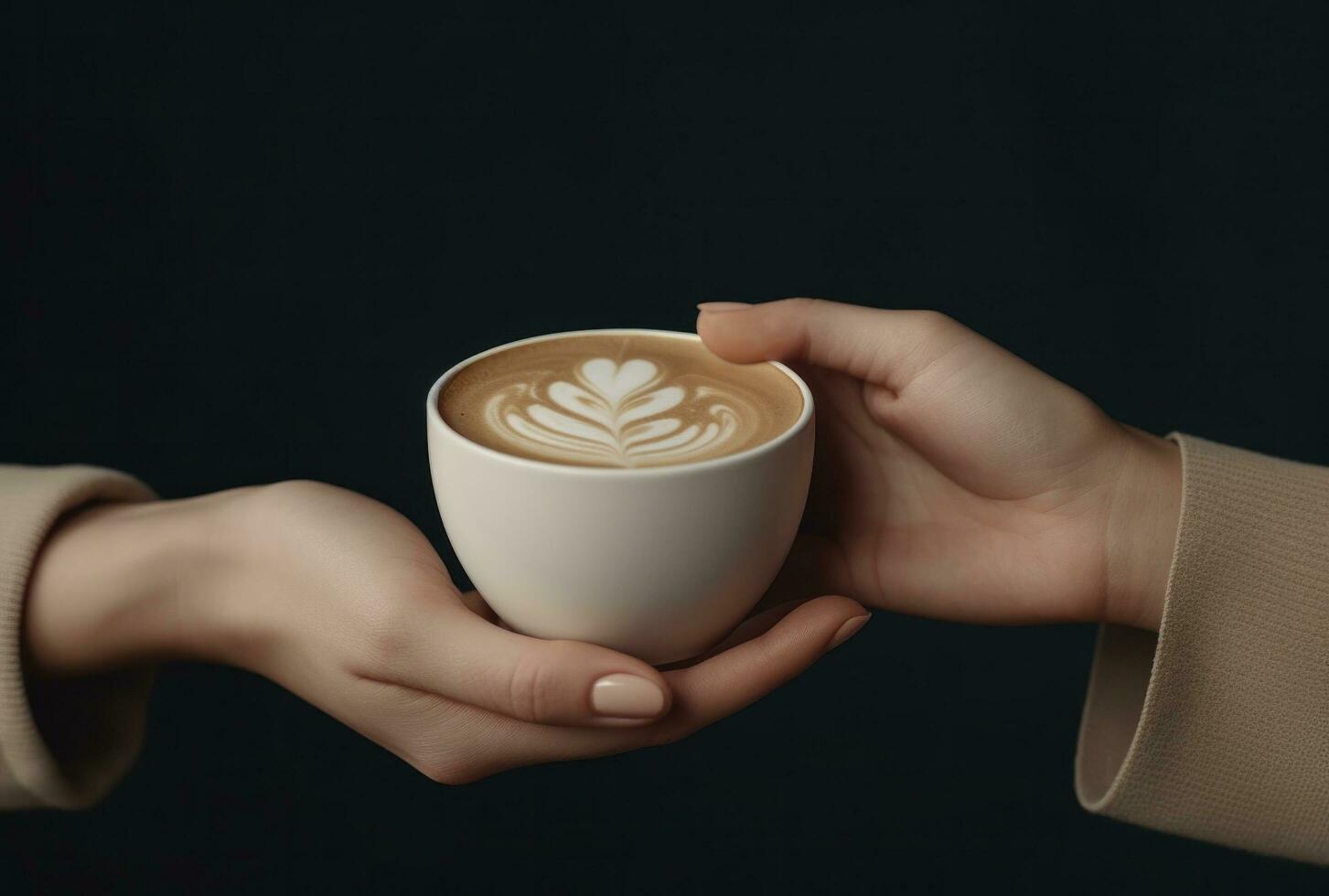 ai generado un café taza apilado en el manos de dos mujer foto