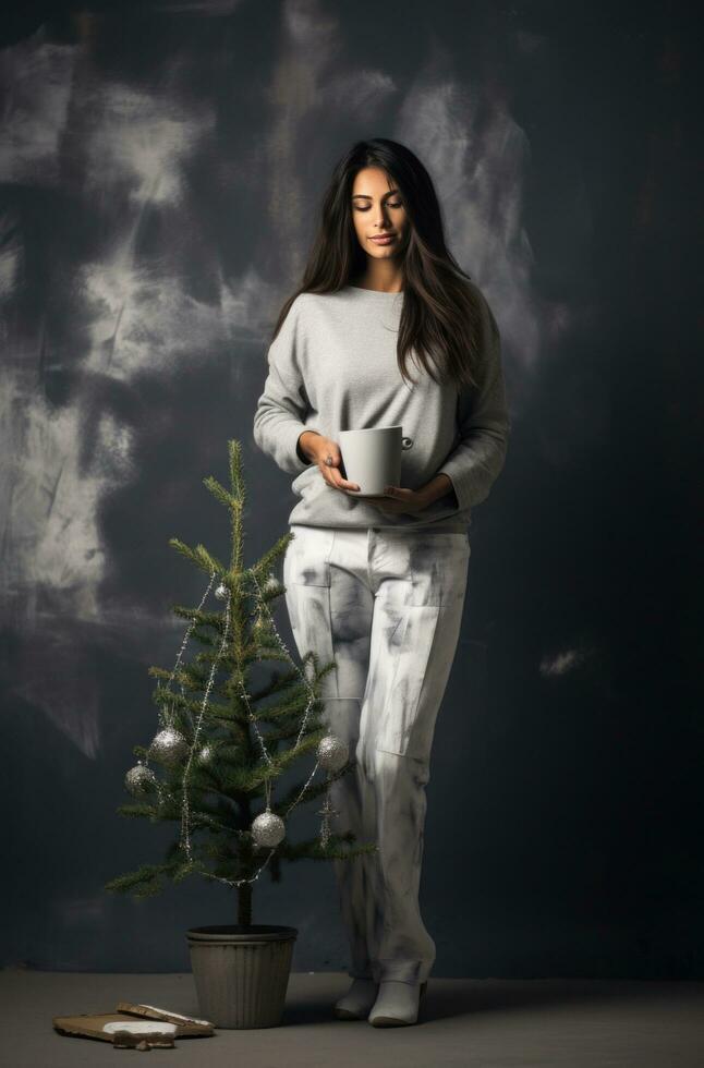 AI generated woman with potted tree holding cardigan and white jeans on concrete wall, photo