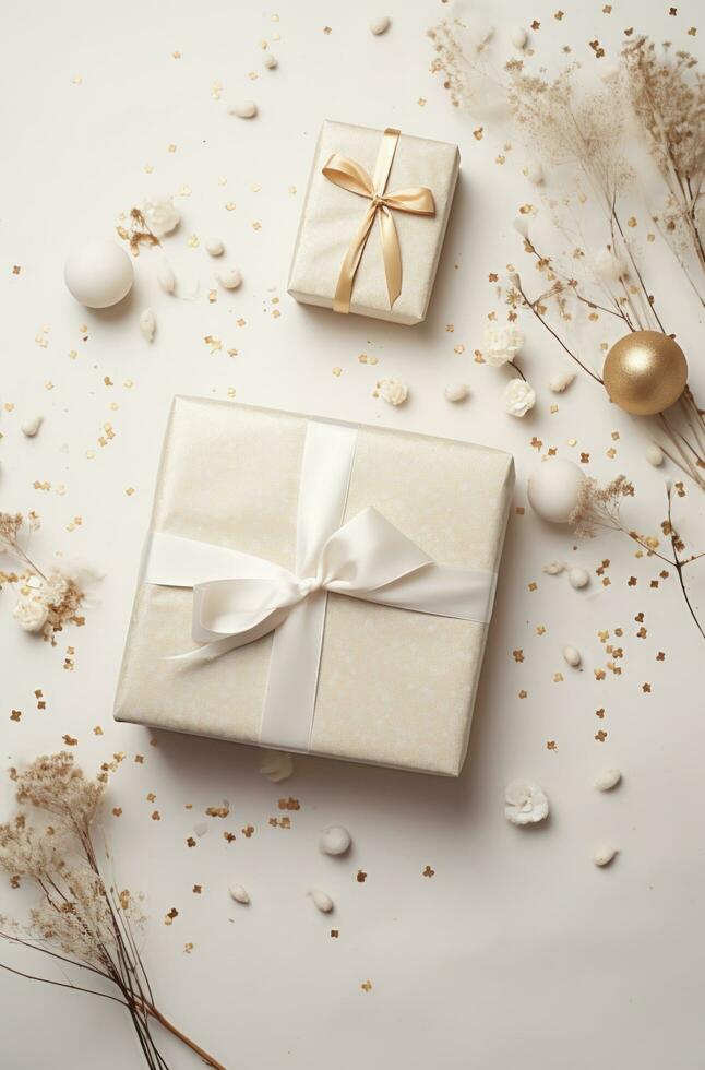 AI generated wrapping gifts and decorative elements on a beige background photo