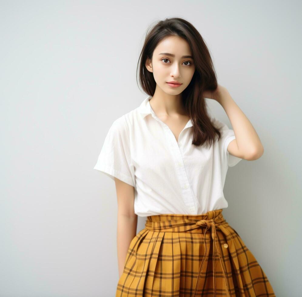 AI generated woman wearing white top and tanned plaid skirt photo