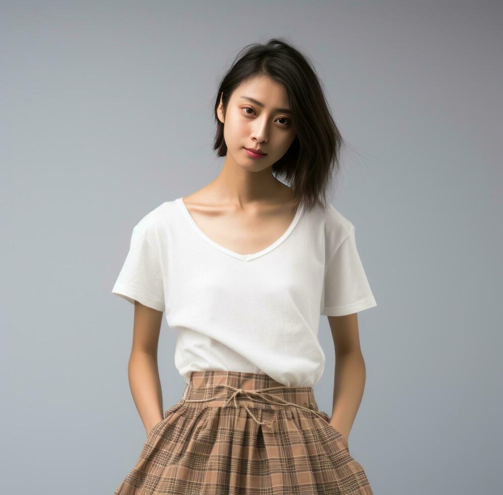 AI generated woman wearing white top and tanned plaid skirt photo
