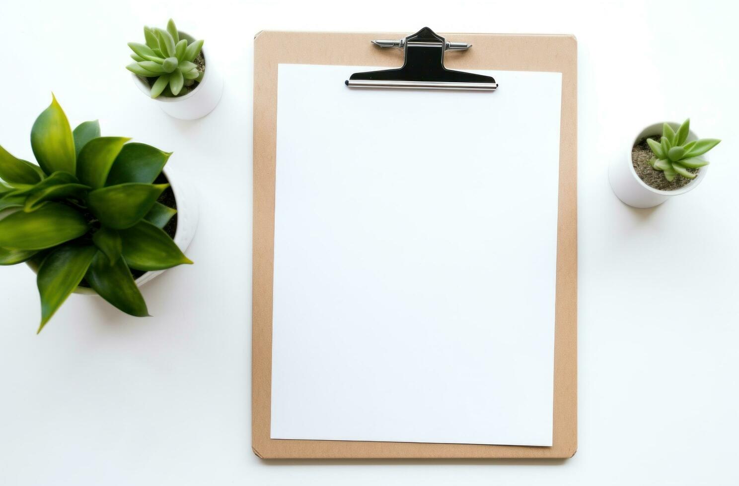 AI generated a clipboard with paper and accessories on top a white surface photo