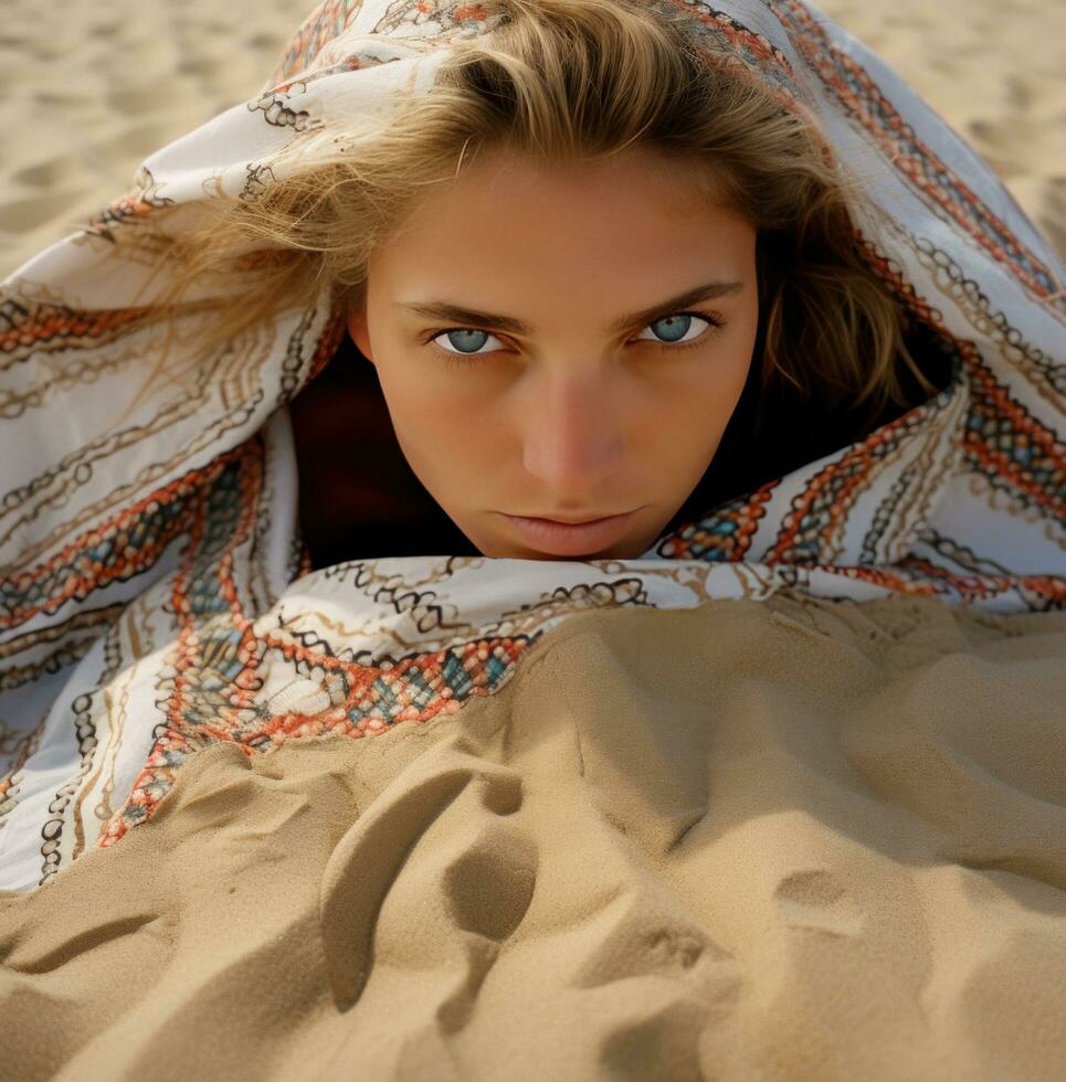 AI generated one person lying face down, beach portraits, unexpected fabric combinations photo