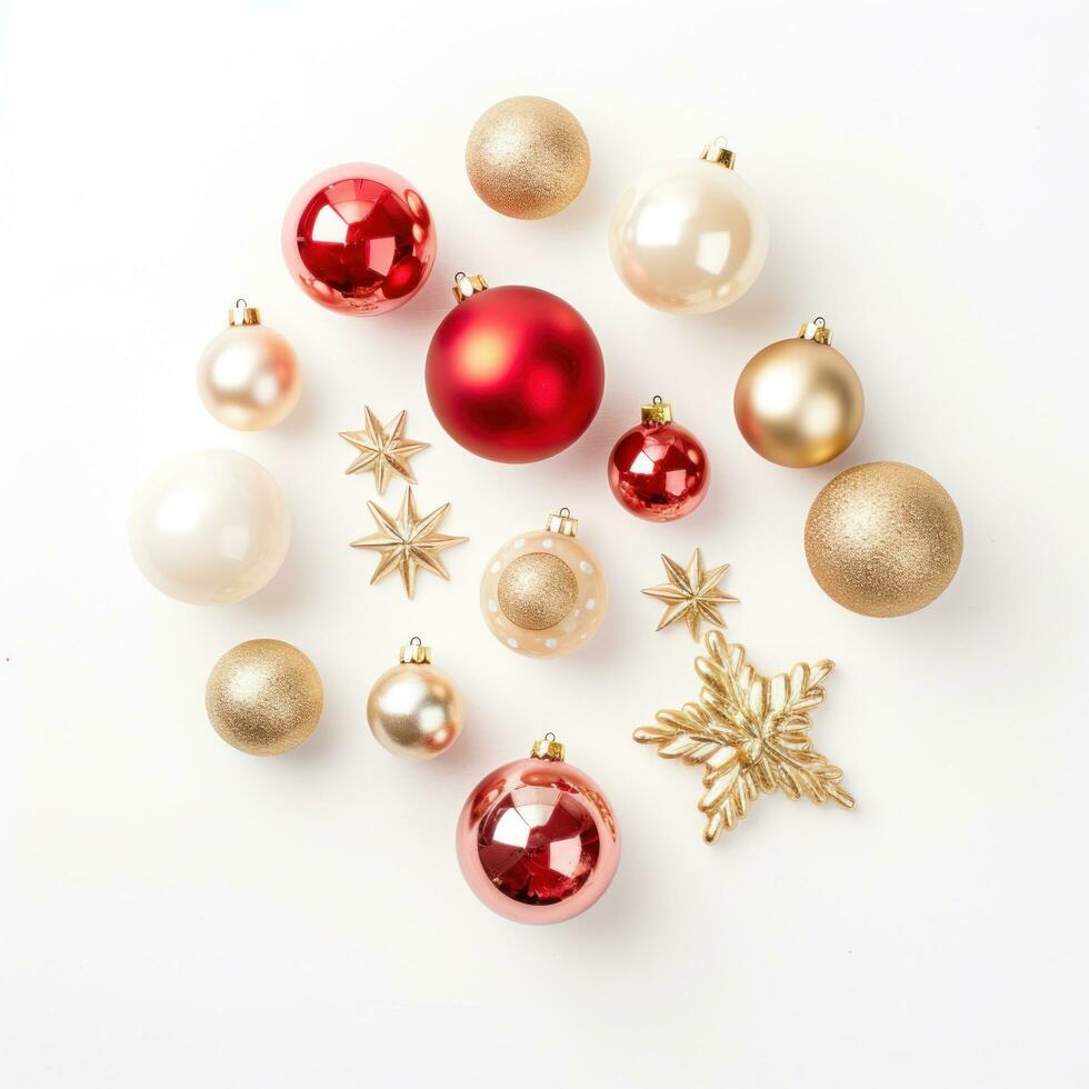 AI generated a few christmas ornaments are arranged on a white surface photo