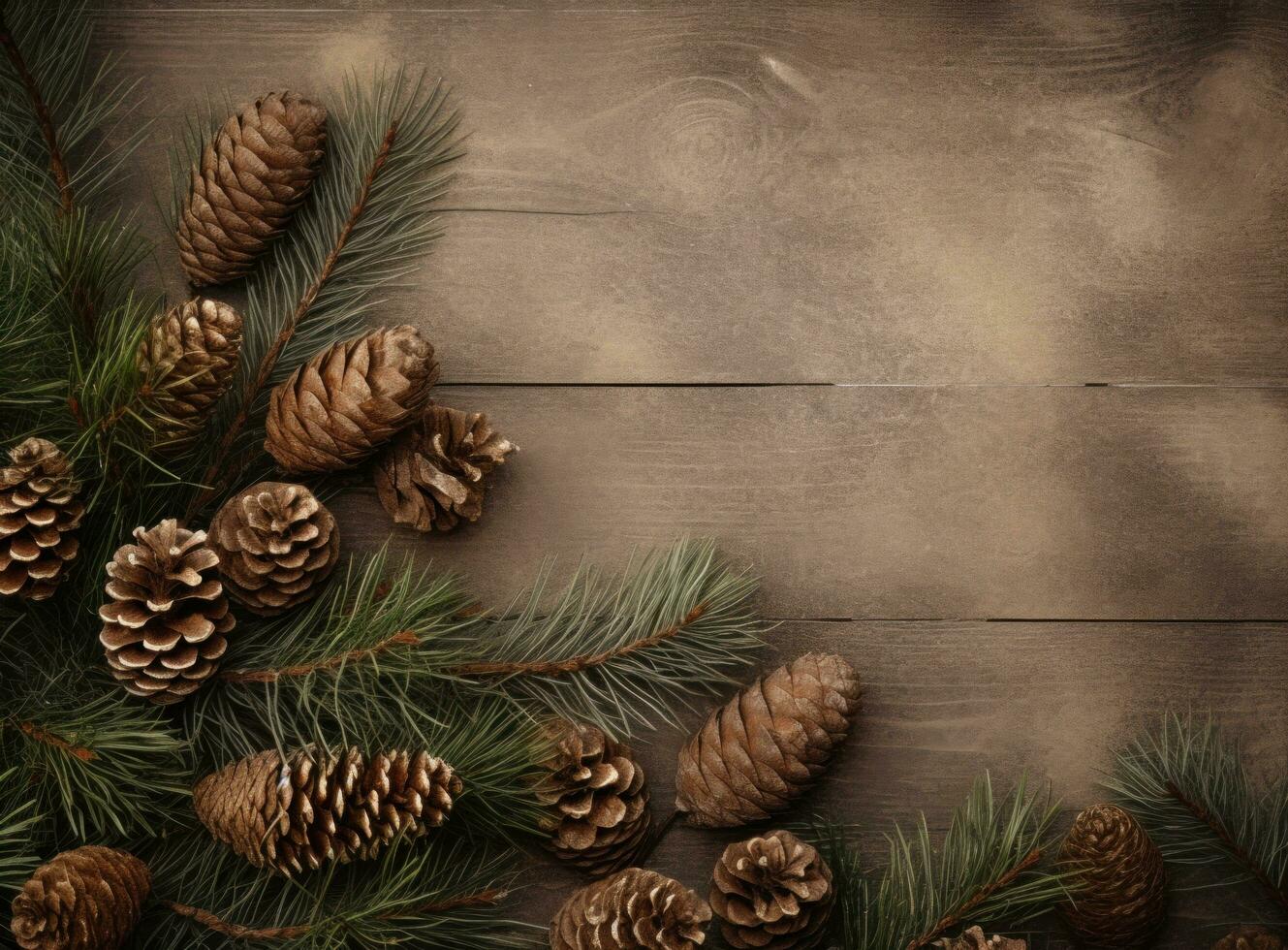 AI generated background with pine branches and cones on the wooden background photo