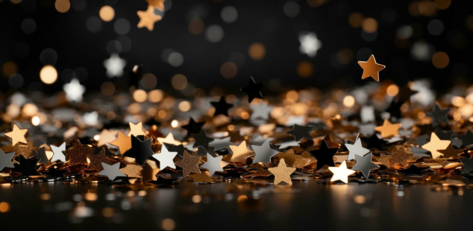 AI generated christmas black gold glitter gold metallic decorations. photo