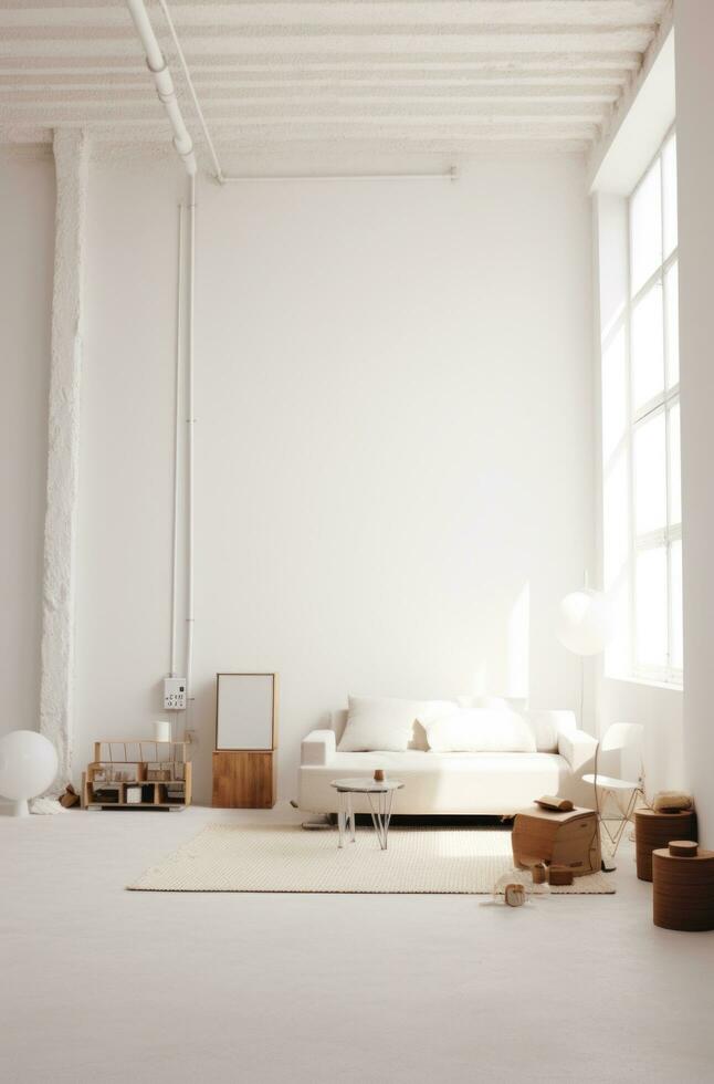ai generado un vacío habitación con blanco paredes y blanco mueble foto