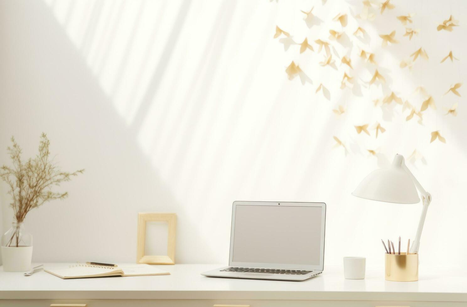 AI generated office desk and equipment with notes and a laptop photo