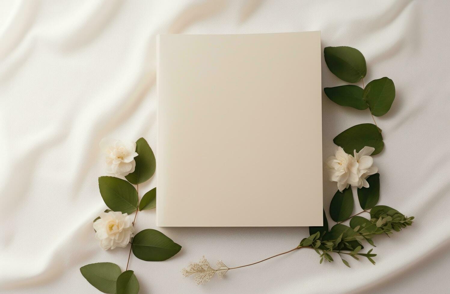 AI generated a white blank book surrounded by green leaves photo