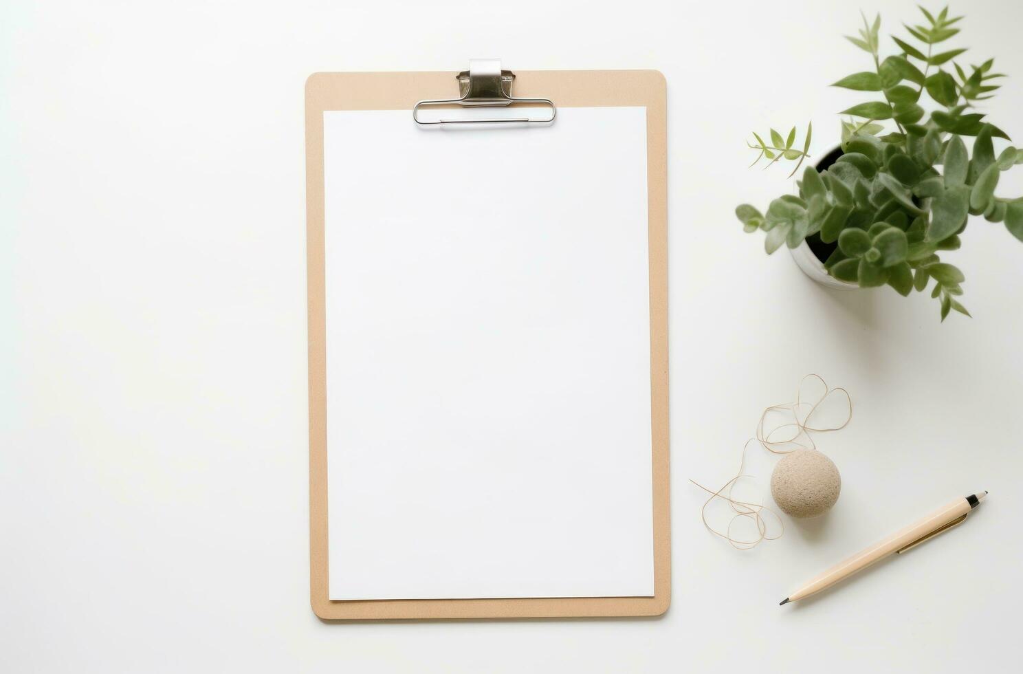 AI generated a white plate, clipboard, phone, computer and plant, photo