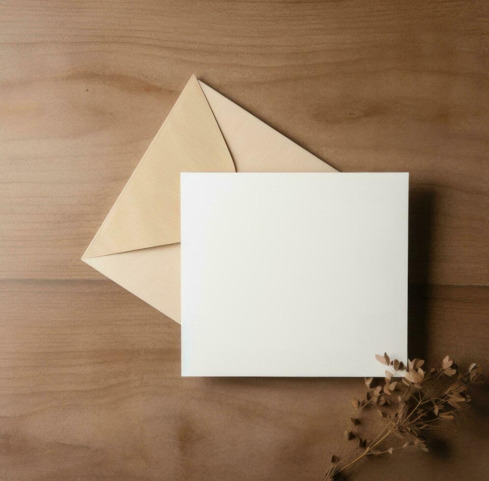 AI generated a white envelope, blank note and paper in a wooden box photo