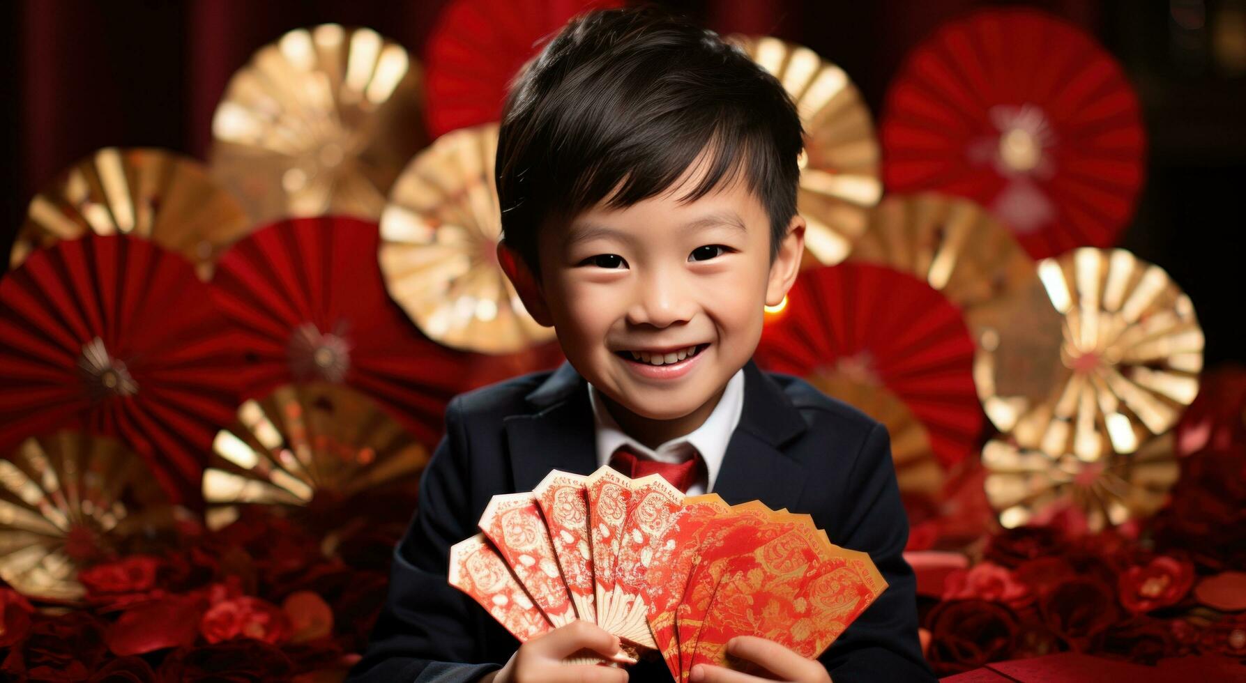 AI generated asian boy holding red paper fans photo