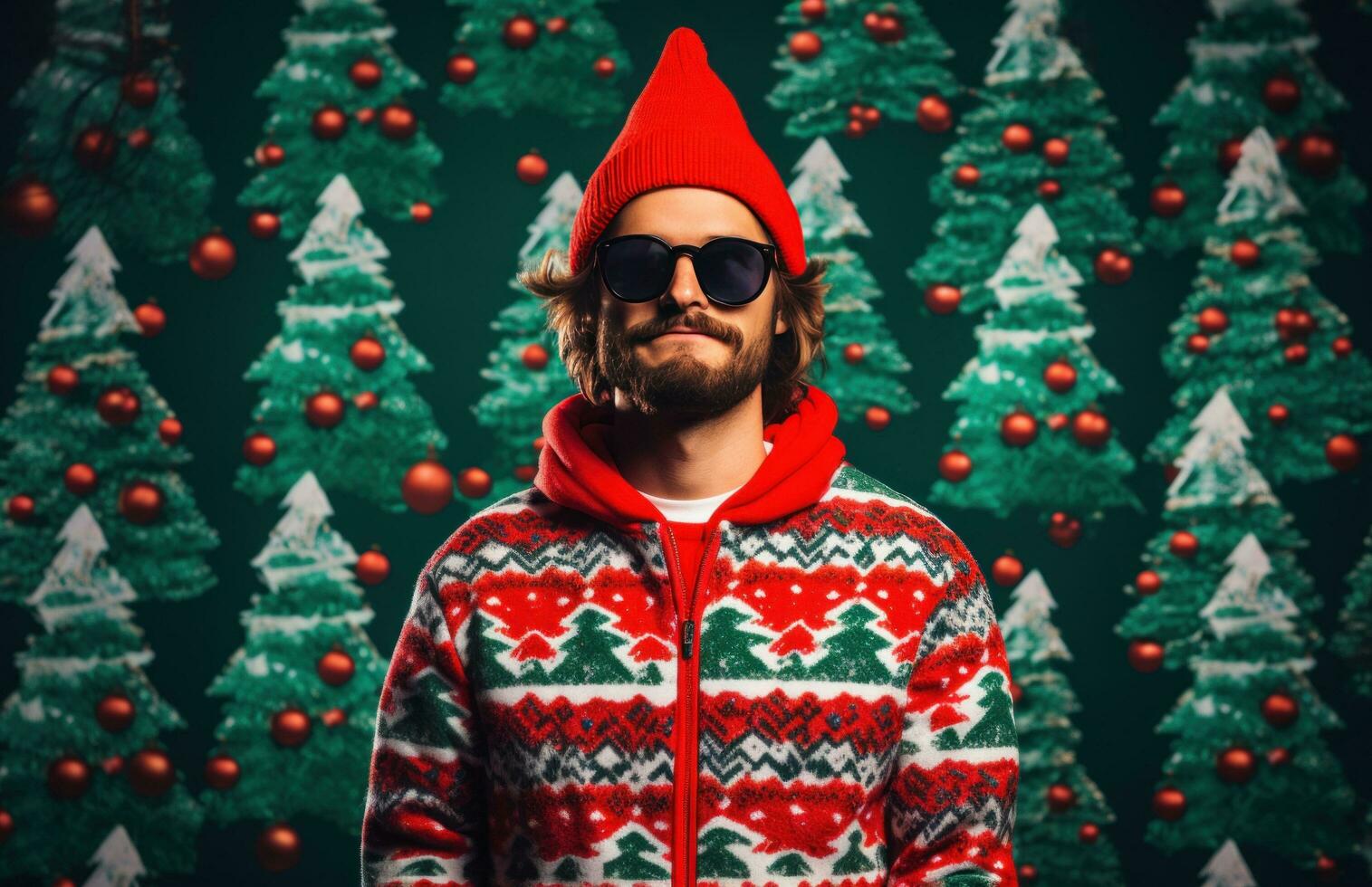 AI generated man in santa hat with a christmas tree photo