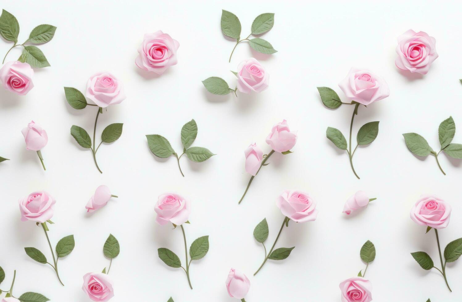 AI generated pink roses and leaves on a white background, photo