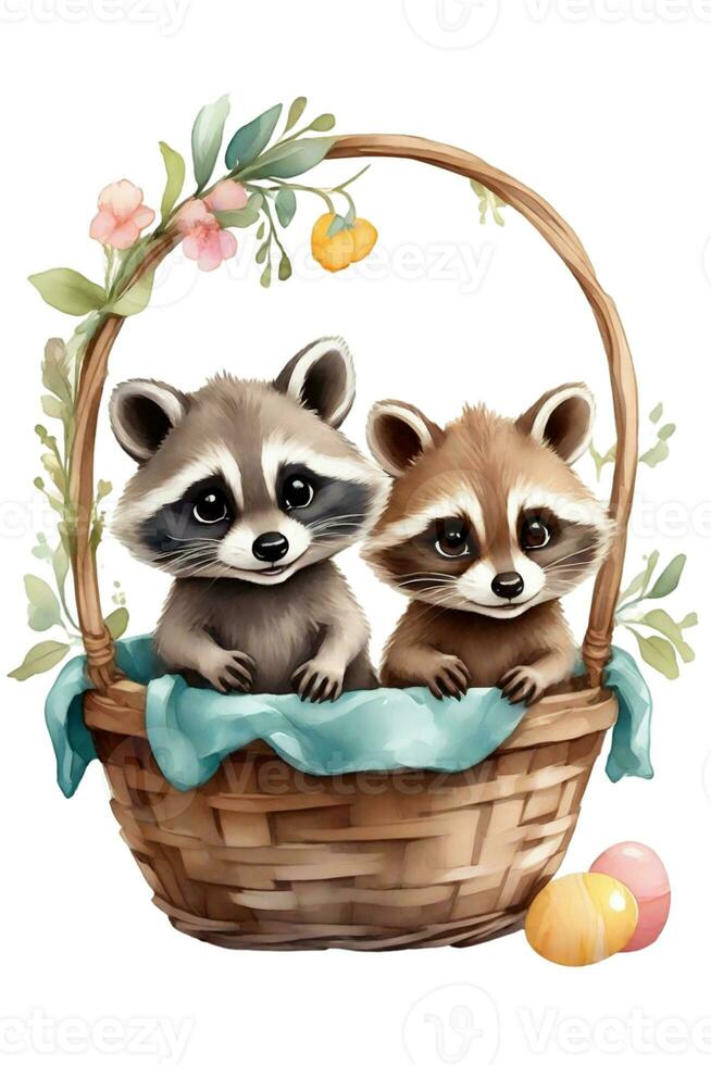 AI generated graphic of raccoons in an Easter basket with Easter eggs photo