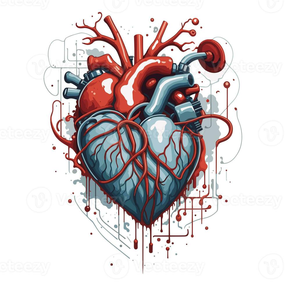 AI generated graphic of a gray-red human heart on a white background photo