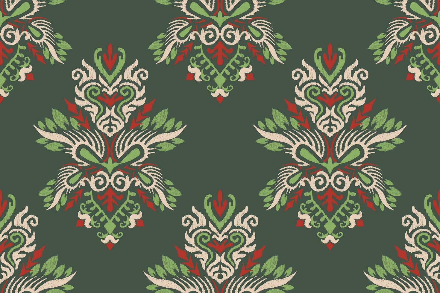 ikat floral cachemir bordado en verde fondo.ikat étnico oriental sin costura modelo tradicional.azteca estilo resumen vector ilustración.diseño para textura,tela,ropa,envoltura,decoración.