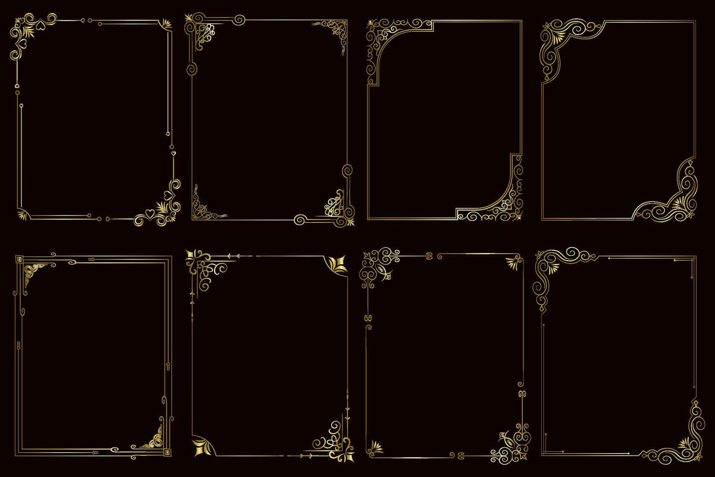 Decorative art deco frames in gold color. Line art decorative borders. Vintage frames for wedding, decoration, antique design, borders and deco divider. Vector illustration