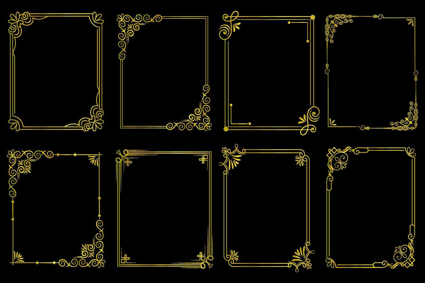 Decorative art deco frames in gold color. Line art decorative borders. Vintage frames for wedding, decoration, antique design, borders and deco divider. Vector illustration