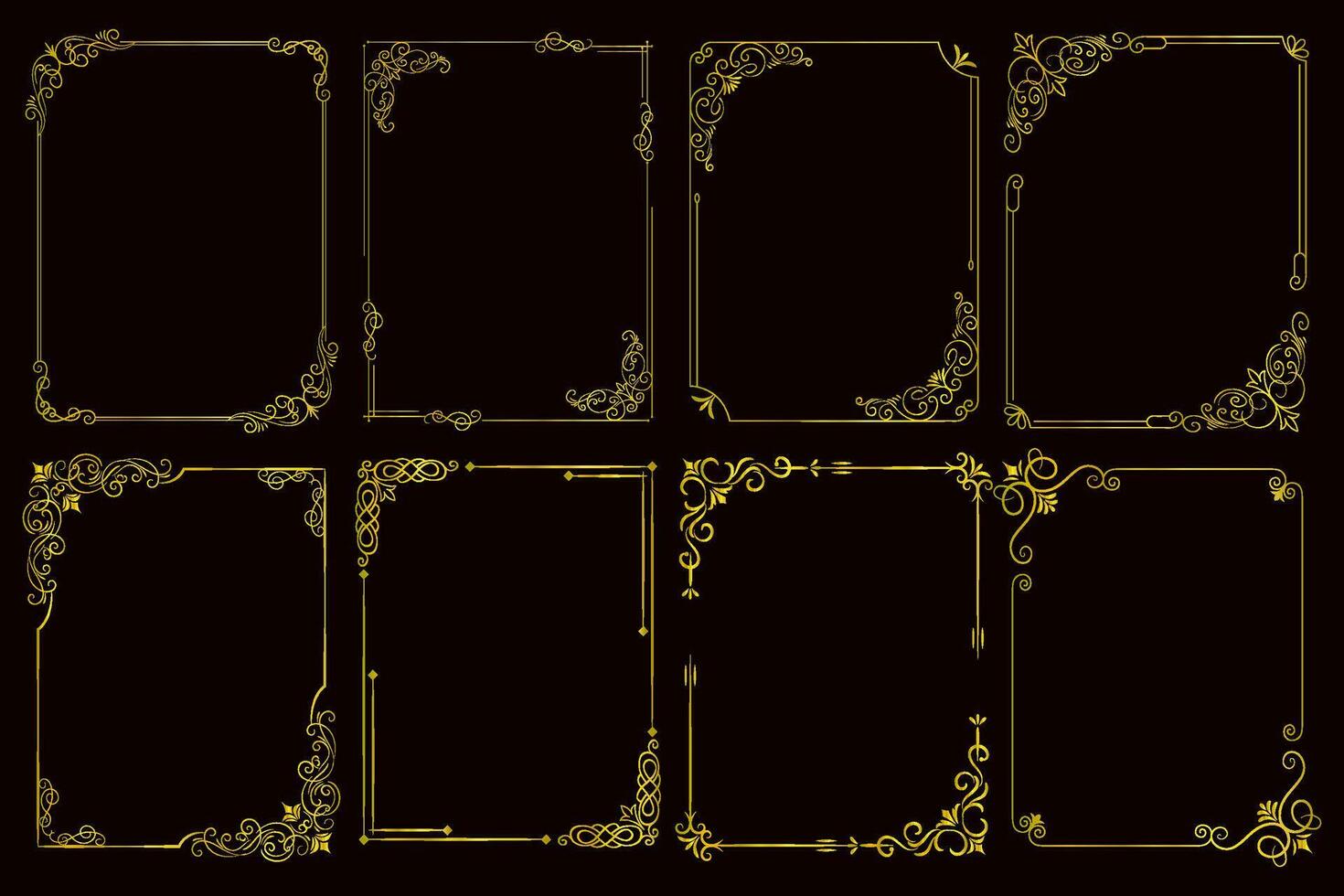 Decorative art deco frames in gold color. Line art decorative borders. Vintage frames for wedding, decoration, antique design, borders and deco divider. Vector illustration