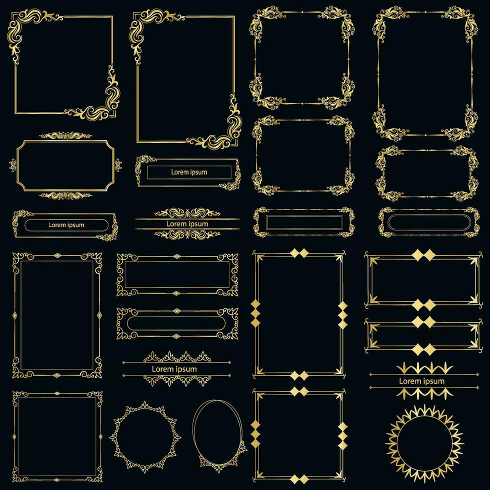 Decorative art deco frames in gold color. Line art decorative borders. Vintage frames for wedding, decoration, antique design, borders and deco divider. Vector illustration