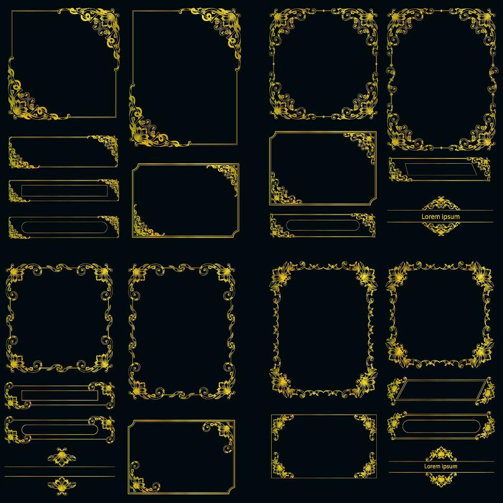 Decorative art deco frames in gold color. Line art decorative borders. Vintage frames for wedding, decoration, antique design, borders and deco divider. Vector illustration