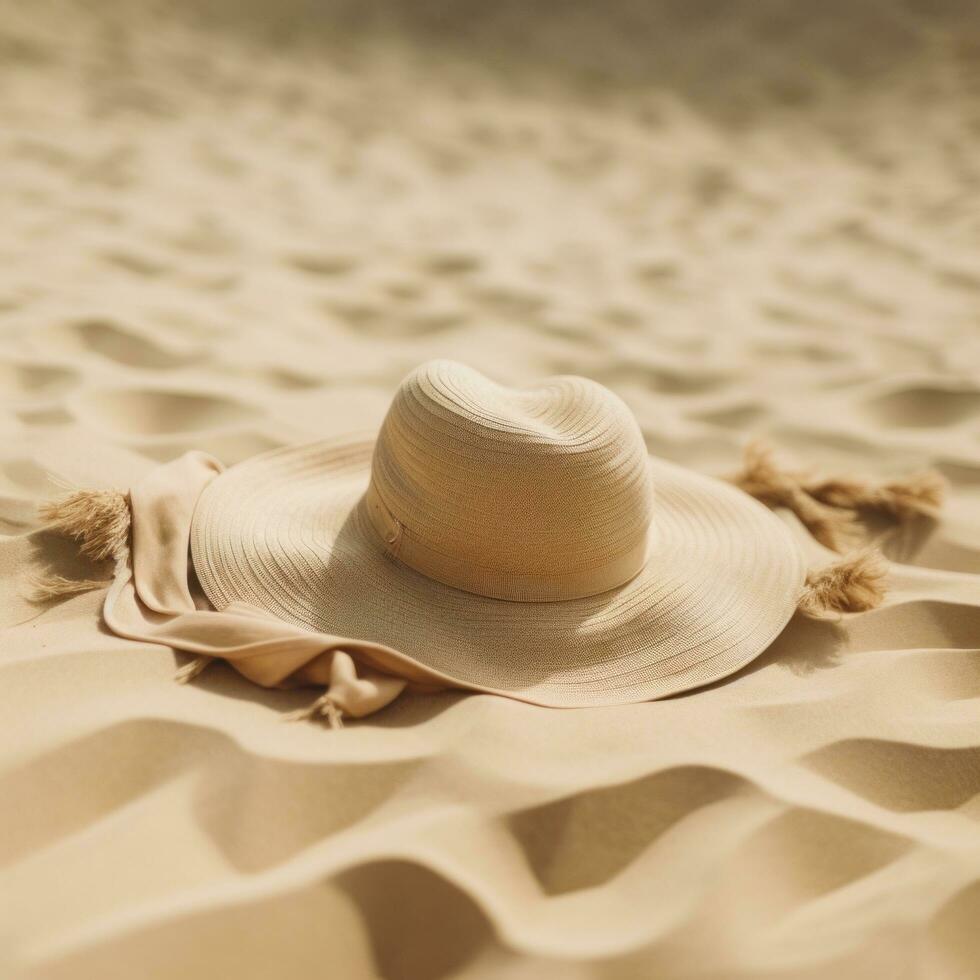 AI generated a sun hat and sunglasses sitting on sand, photo