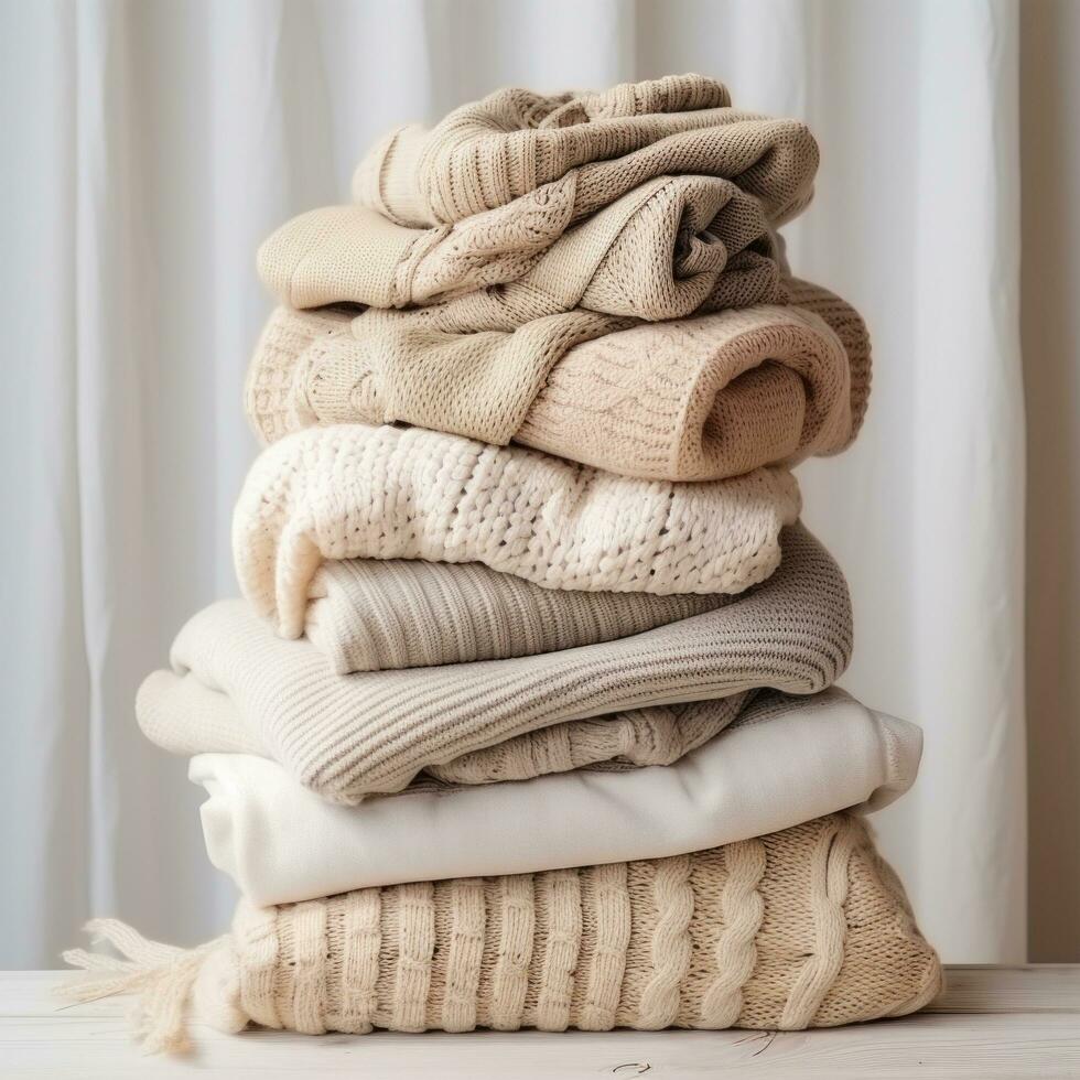 AI generated a stack of knit sweaters on an image background photo