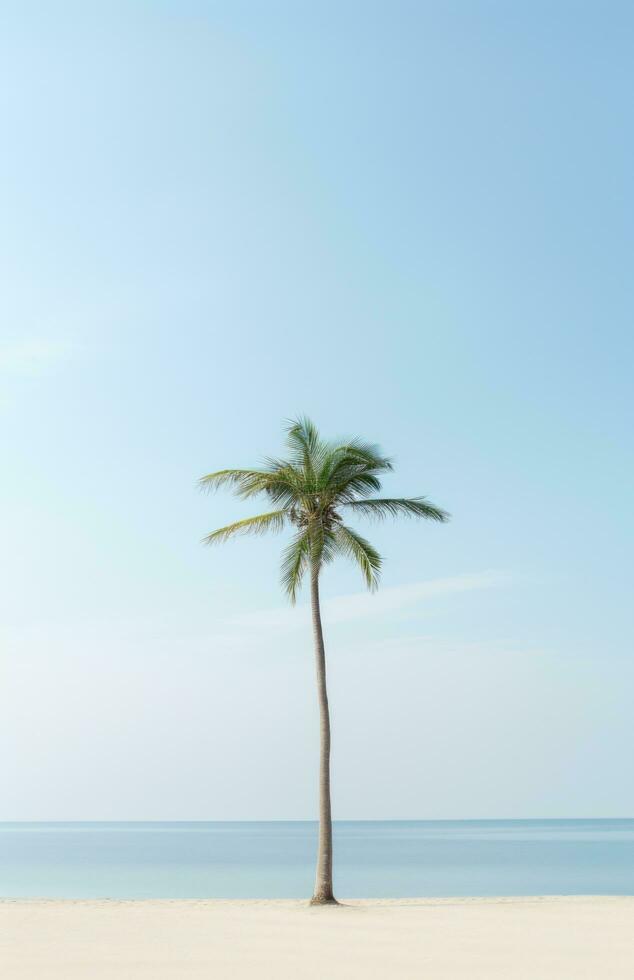 ai generado un palma árbol se sienta en el arena, siguiente a un playa, foto