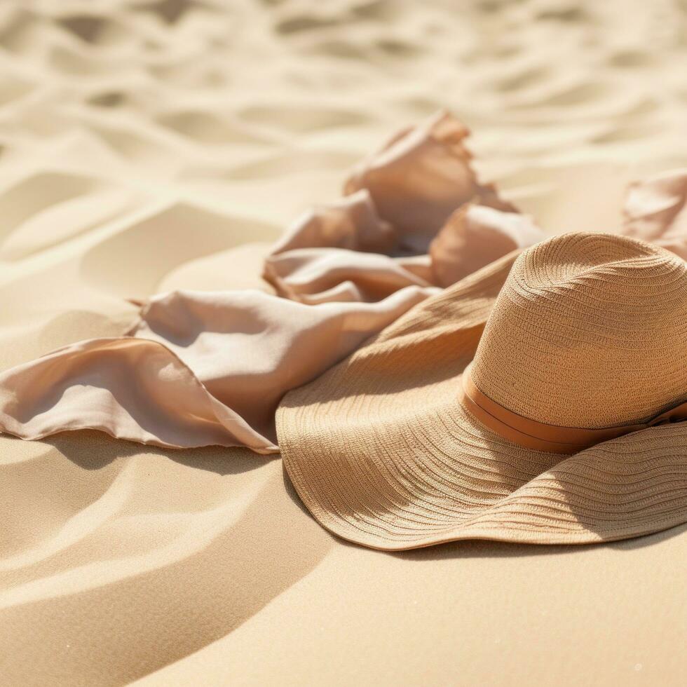 AI generated a sun hat and sunglasses sitting on sand, photo