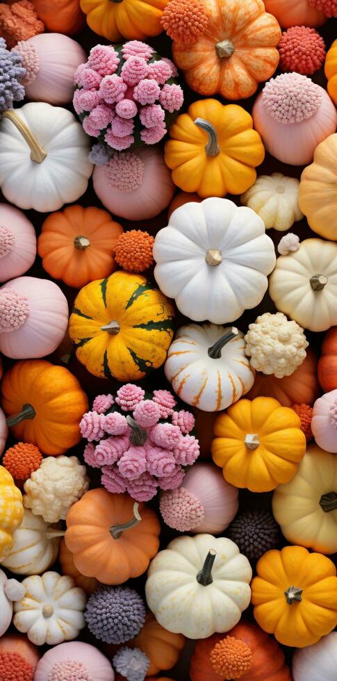 AI generated a group of colored pumpkins are sitting near each other photo