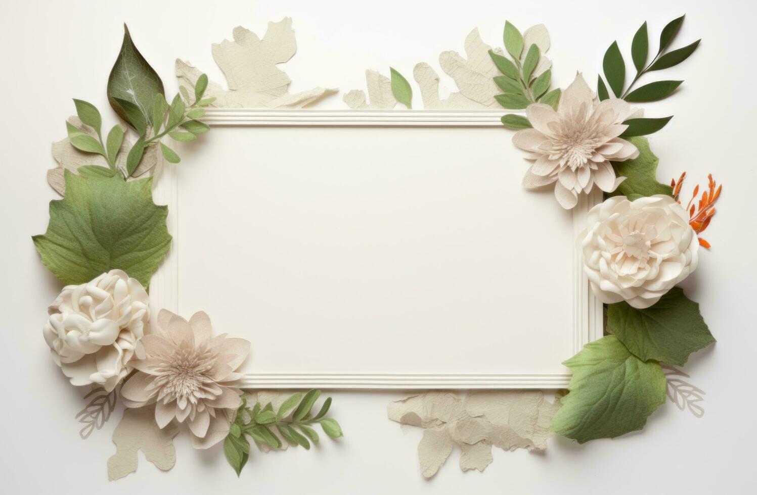 AI generated white blank sheet with green leaves and flowers around it photo