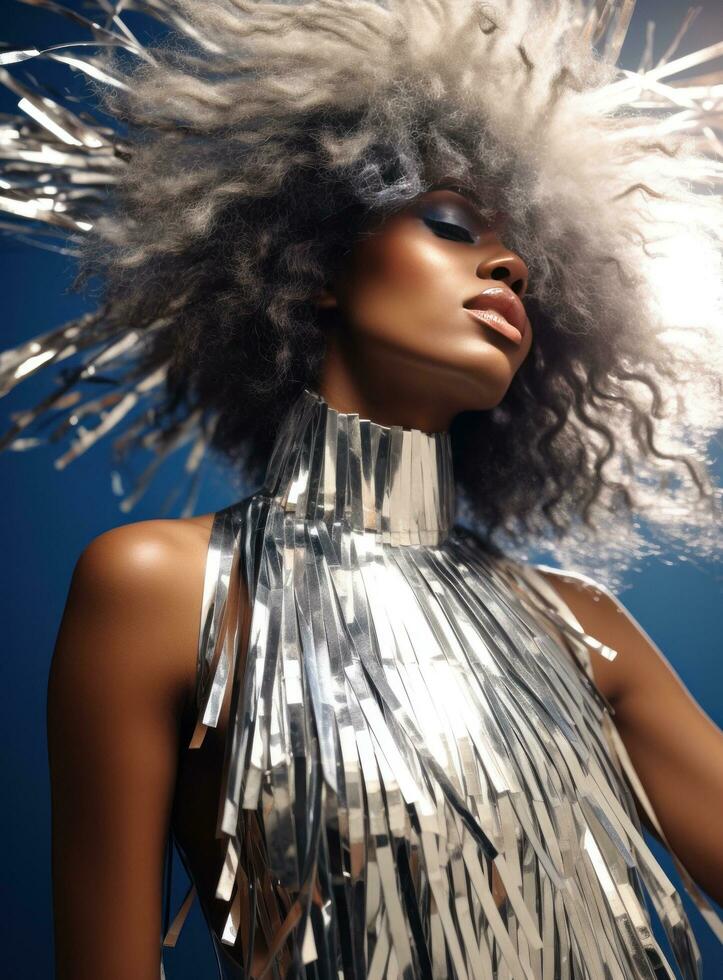AI generated woman in silver metallic dress with fringe photo