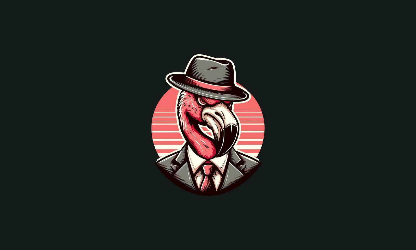 head flamingo wearing hat and suite vector mascot design