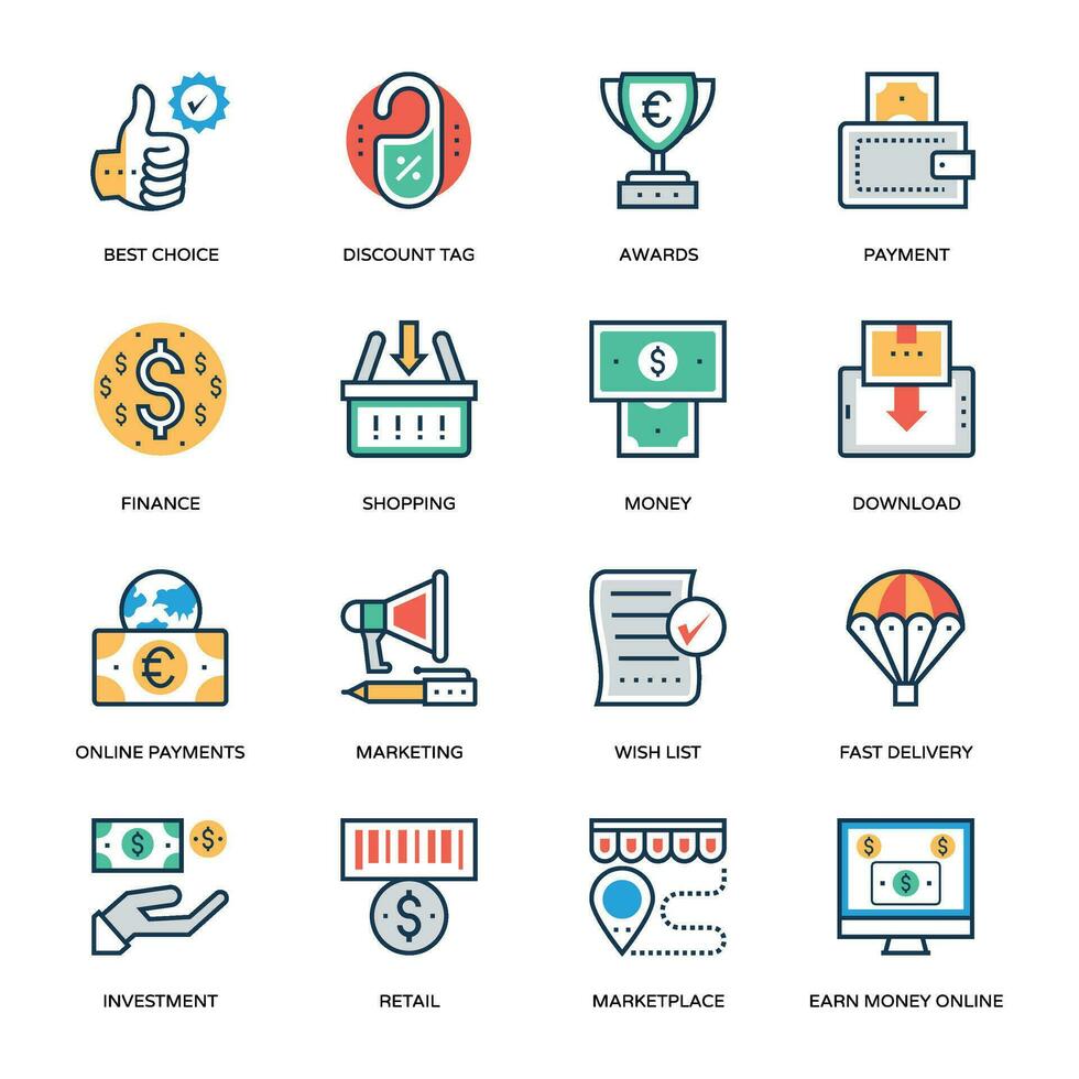 Pack of Online Purchase and Commerce Flat Icons vector