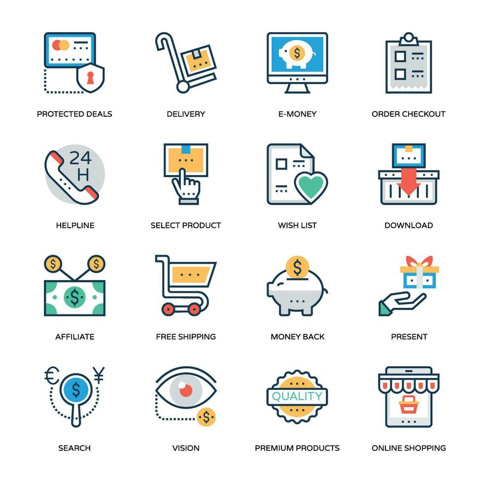 Pack of Online Shopping and Payment Flat Icons vector