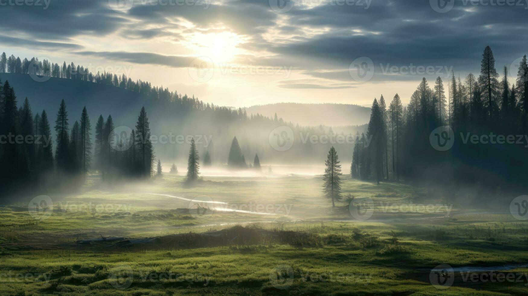 AI generated Rays of sunlight piercing through dense clouds, casting an ethereal glow on a serene meadow. photo